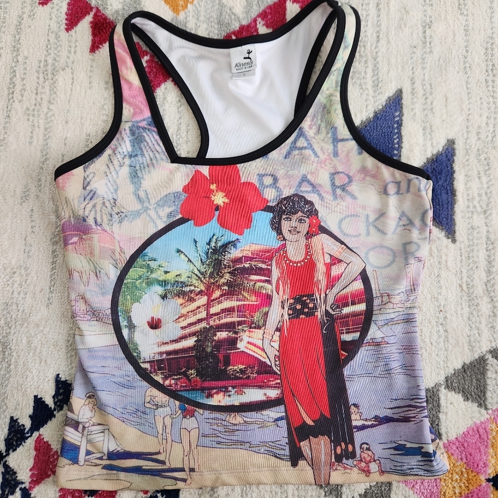 Vintage 90s Y2K Stretch Graphic Racer Back Crop Top Hawaiian Shirt Large
